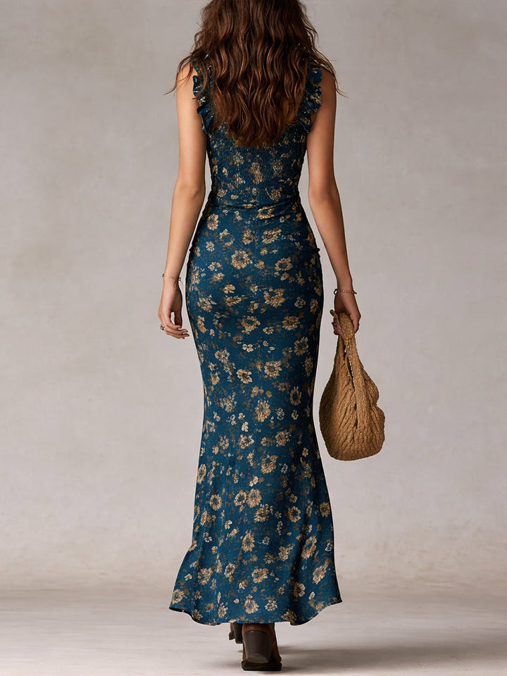 Women's Boho Floral Smocked Sleeveless Maxi Dress