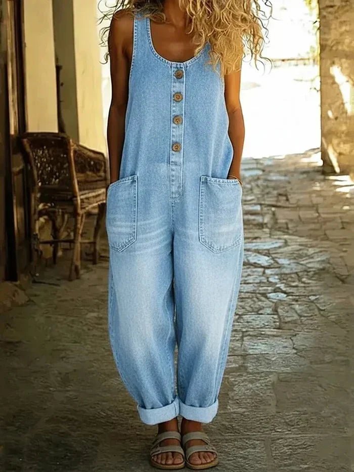 Women's Boho Loose-Fit Sleeveless Denim Overalls Jumpsuit - Light Blue