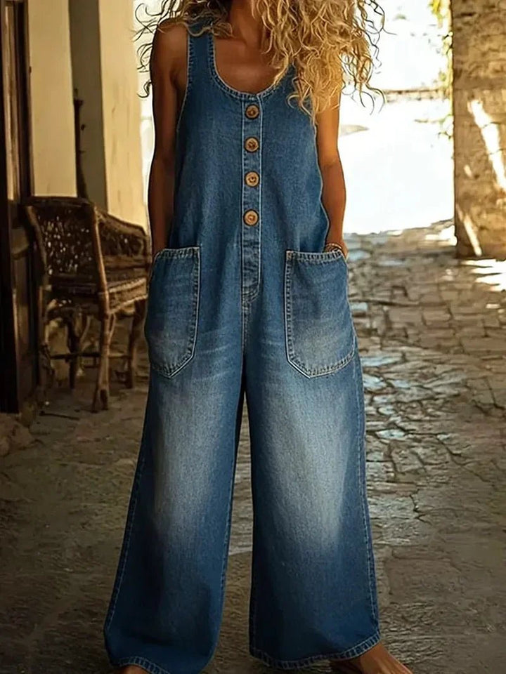 Women's Boho Loose-Fit Sleeveless Denim Overalls Jumpsuit - Blue