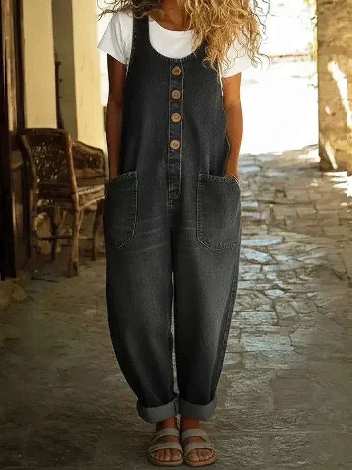 Women's Boho Loose-Fit Sleeveless Denim Overalls Jumpsuit - Black