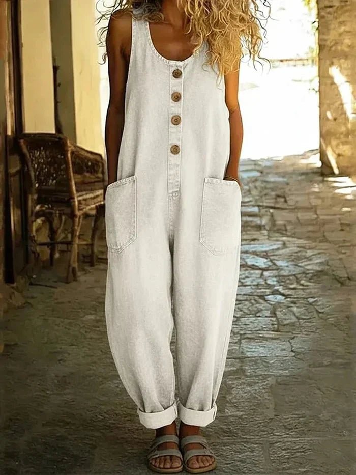 Women's Boho Loose-Fit Sleeveless Denim Overalls Jumpsuit - White