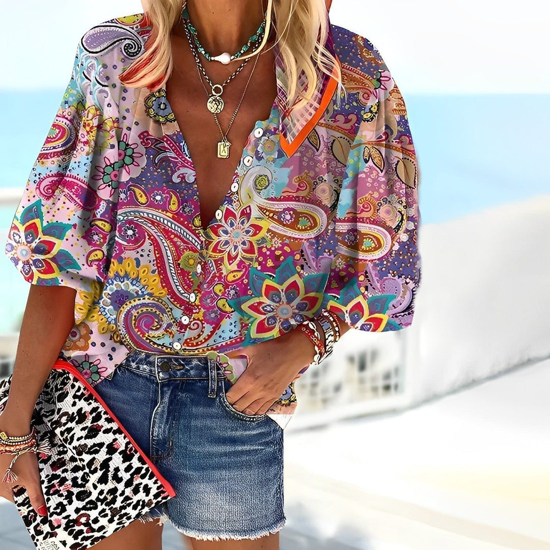 Women's Boho Paisley Floral V-Neck Button-Down Blouse - Multicolor