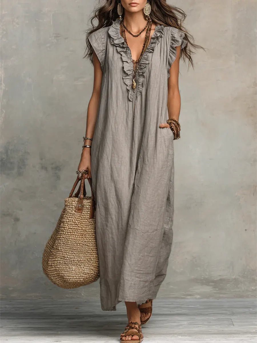 Women's Boho Ruffle V-Neck Flutter Sleeve Linen Maxi Dress - Gray