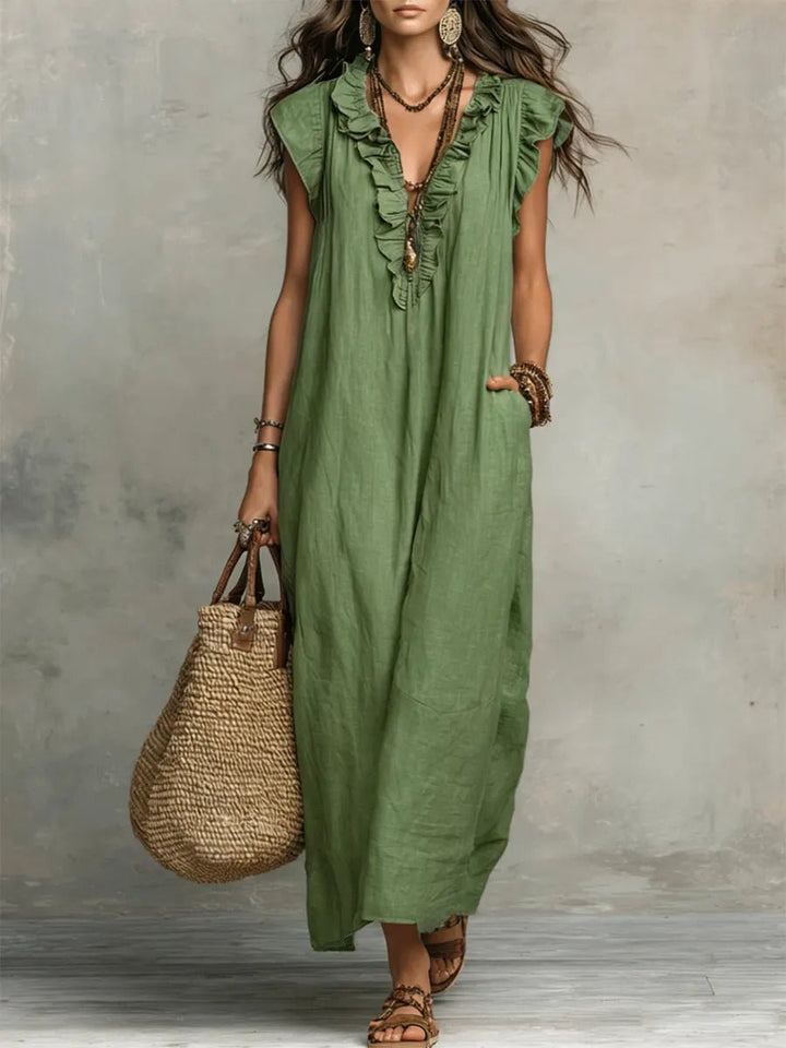 Women's Boho Ruffle V-Neck Flutter Sleeve Linen Maxi Dress - Green