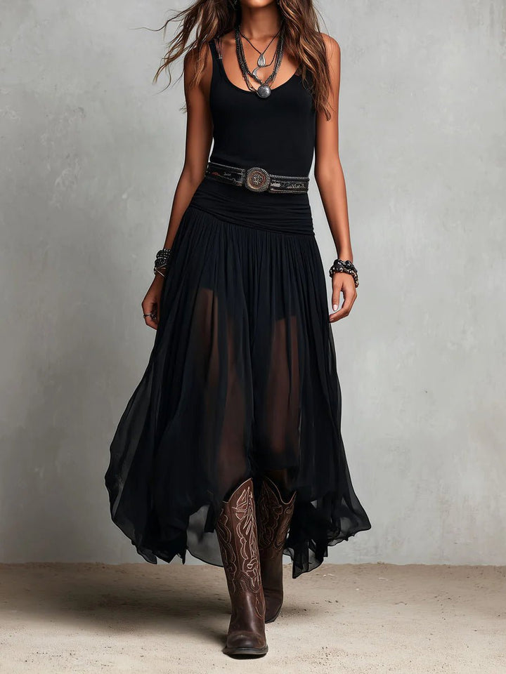 Women's Boho Sleeveless V-Neck Sheer Tulle Belted Maxi Dress - Black
