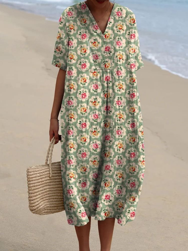 Women's Boho Striped V-Neck Short-Sleeve Relaxed Midi Dress - Floral Green