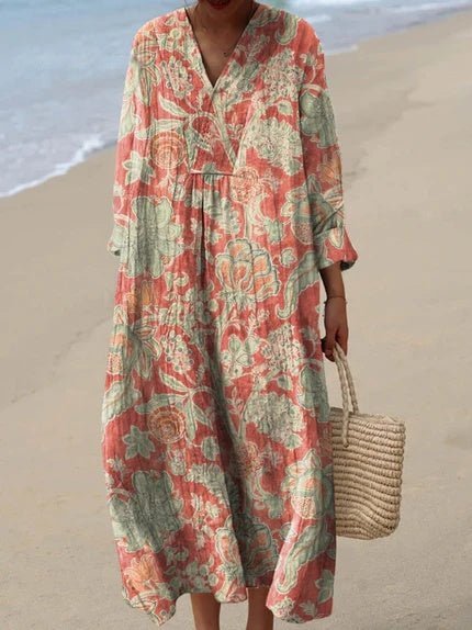 Women's Boho Striped V-Neck Short-Sleeve Relaxed Midi Dress - Floral Orange