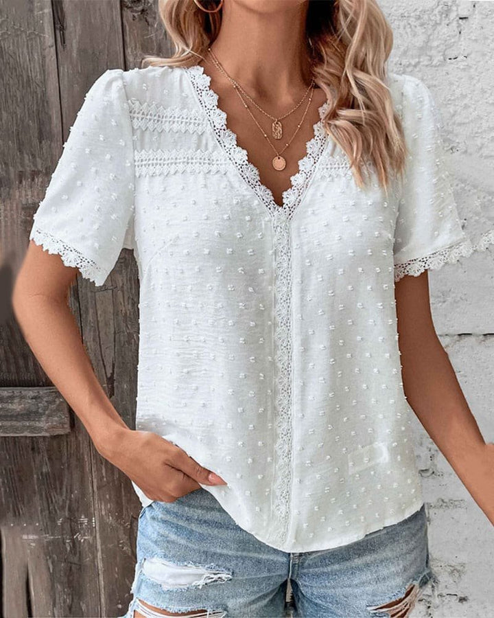 Women's Boho Swiss Dot Lace Trim V-Neck Cropped Blouse