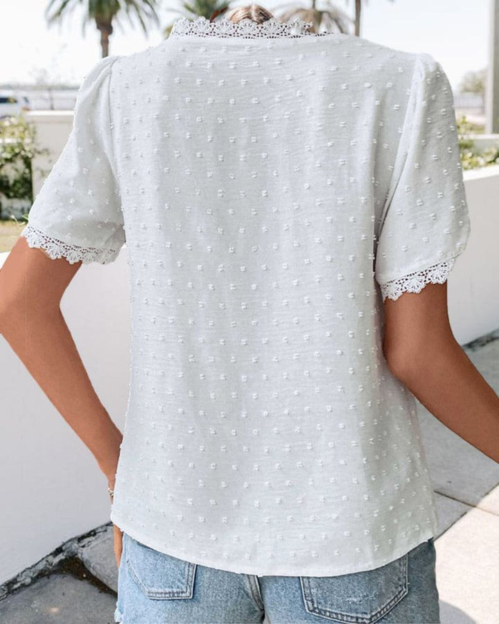Women's Boho Swiss Dot Lace Trim V-Neck Cropped Blouse