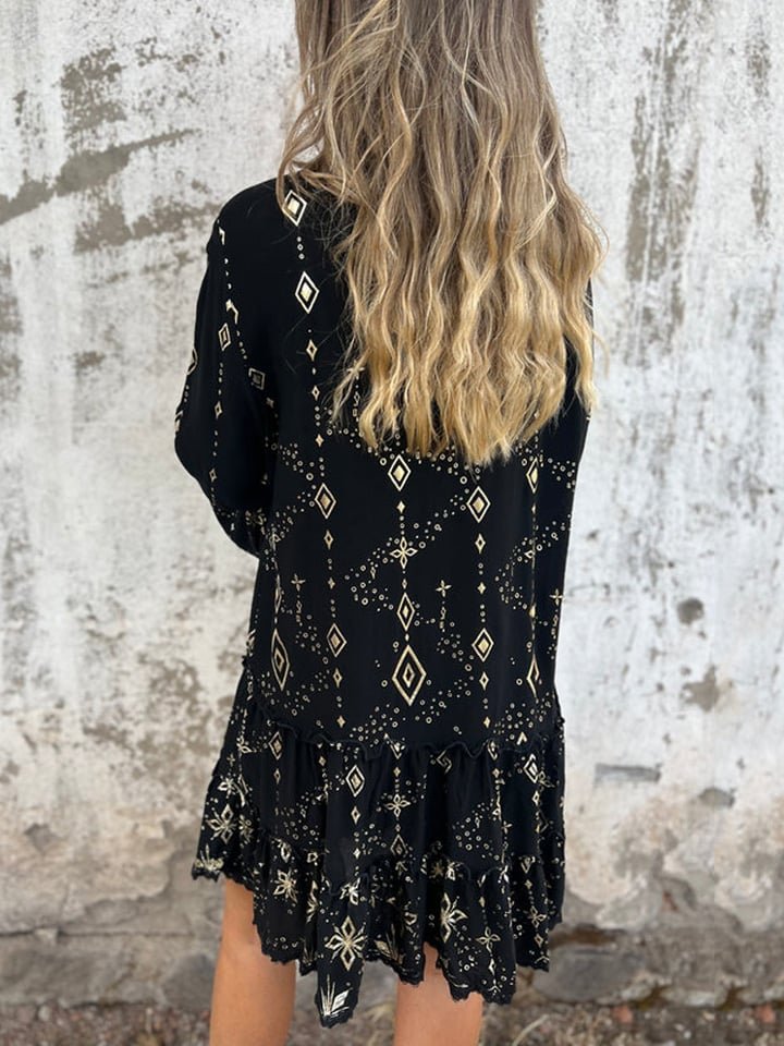 Women's Boho Tiered Mini Dress Flared Sleeves Gold Accents V-Neck