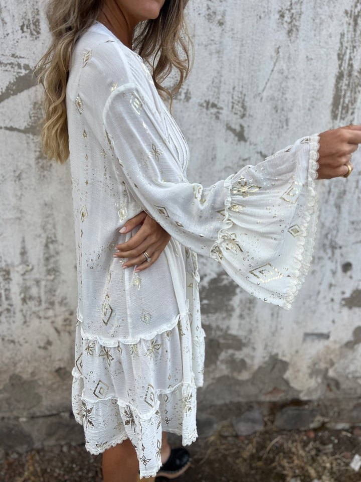 Women's Boho Tiered Mini Dress Flared Sleeves Gold Accents V-Neck