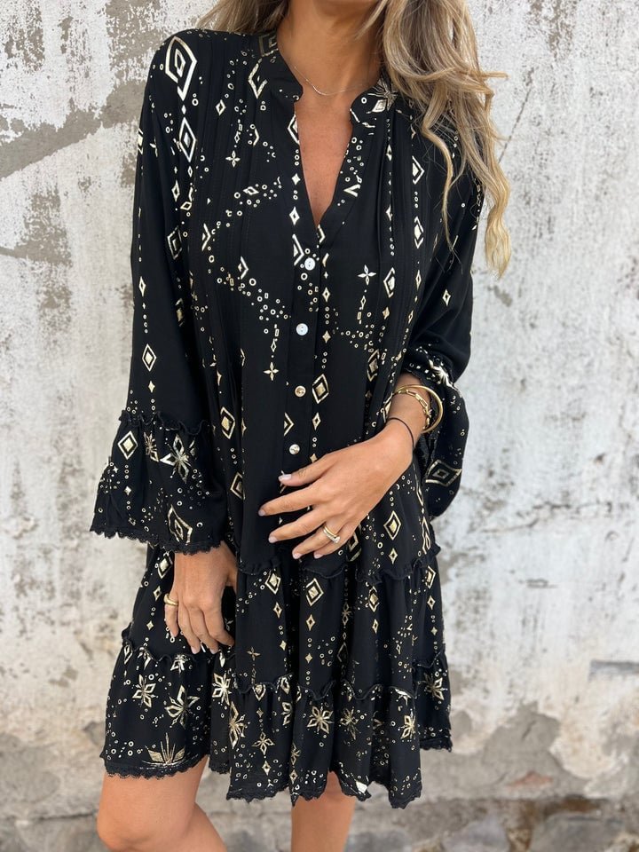 Women's Boho Tiered Mini Dress Flared Sleeves Gold Accents V-Neck - Black