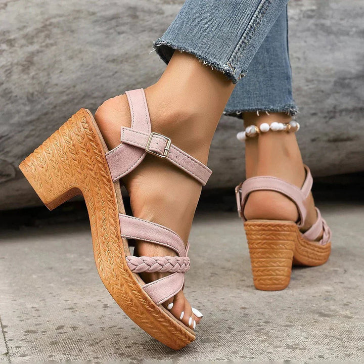 Women's Braided Strap Block Heel Platform Sandals Buckle Ankle Strap - Pink