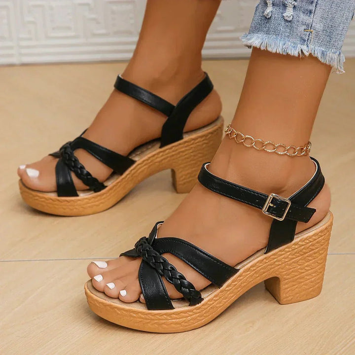 Women's Braided Strap Block Heel Platform Sandals Buckle Ankle Strap - Black (Almost sold out)