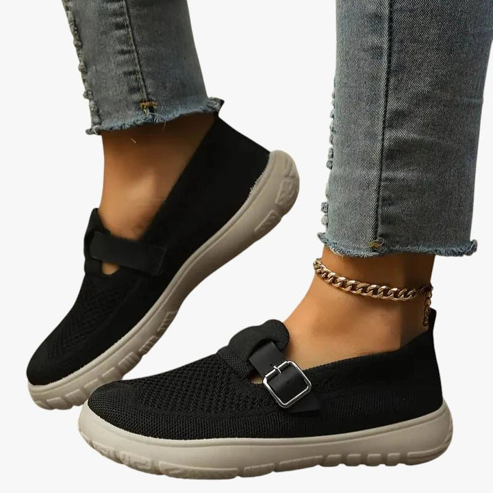 Women's Breathable Mesh Buckle-Strap Slip-On Loafers - Sort