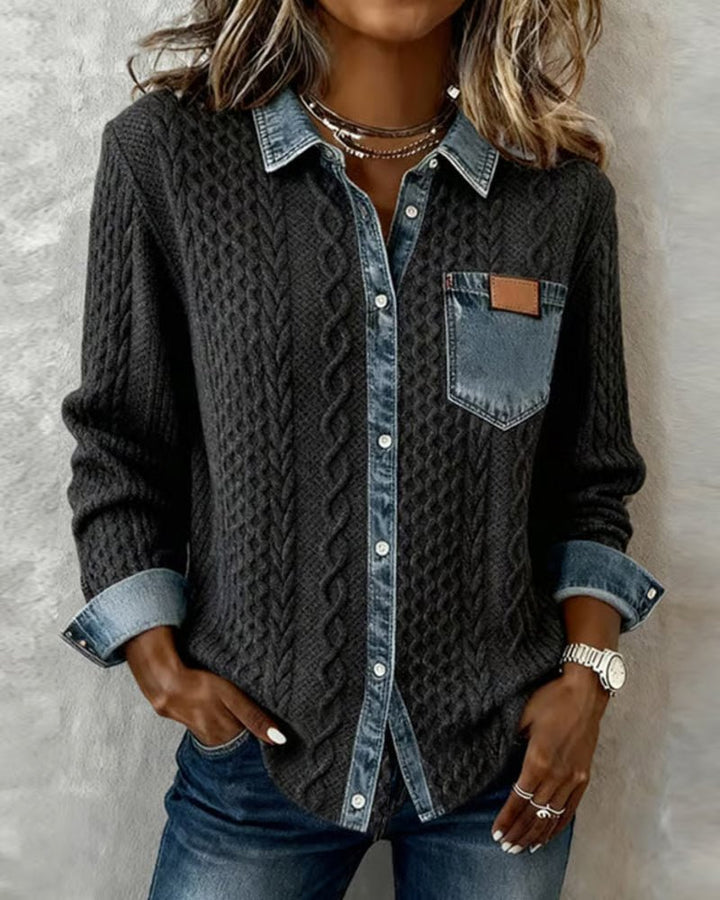 Women's Cable-Knit Denim Patchwork Button-Down Shirt - Dark Gray