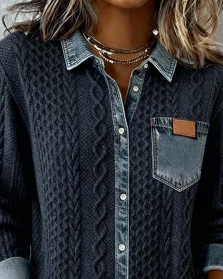 Women's Cable-Knit Denim Patchwork Button-Down Shirt