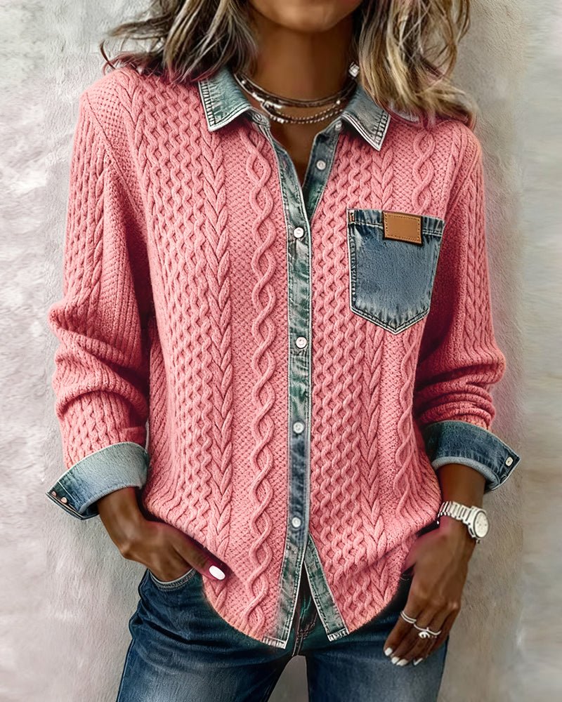 Women's Cable-Knit Denim Patchwork Button-Down Shirt - Pink