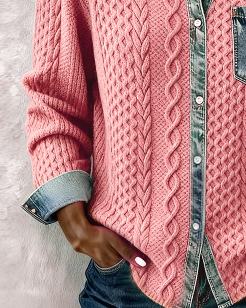Women's Cable-Knit Denim Patchwork Button-Down Shirt