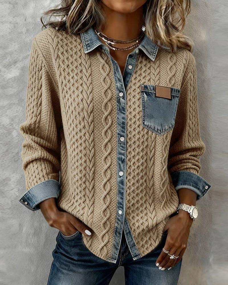 Women's Cable-Knit Denim Patchwork Button-Down Shirt - Khaki