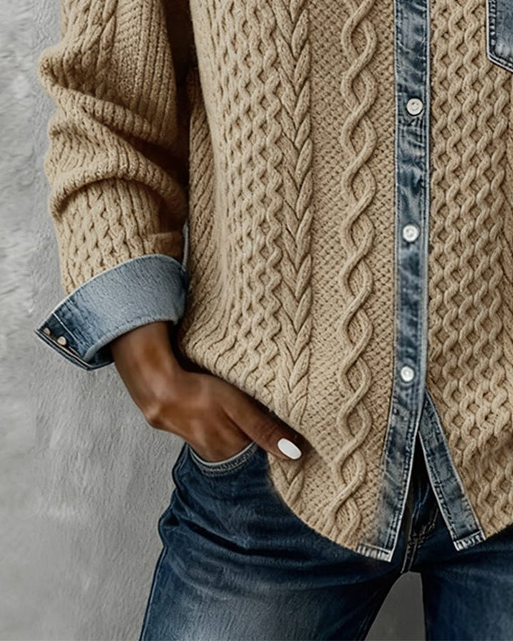 Women's Cable-Knit Denim Patchwork Button-Down Shirt