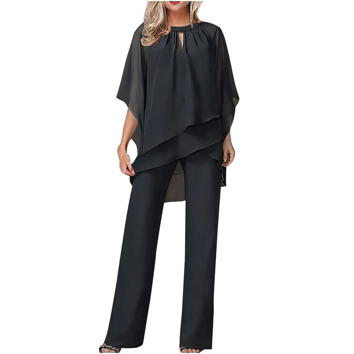 Women's Chiffon Batwing-Sleeve Asymmetric-Hem Wide-Leg Pants Set - Schwarz