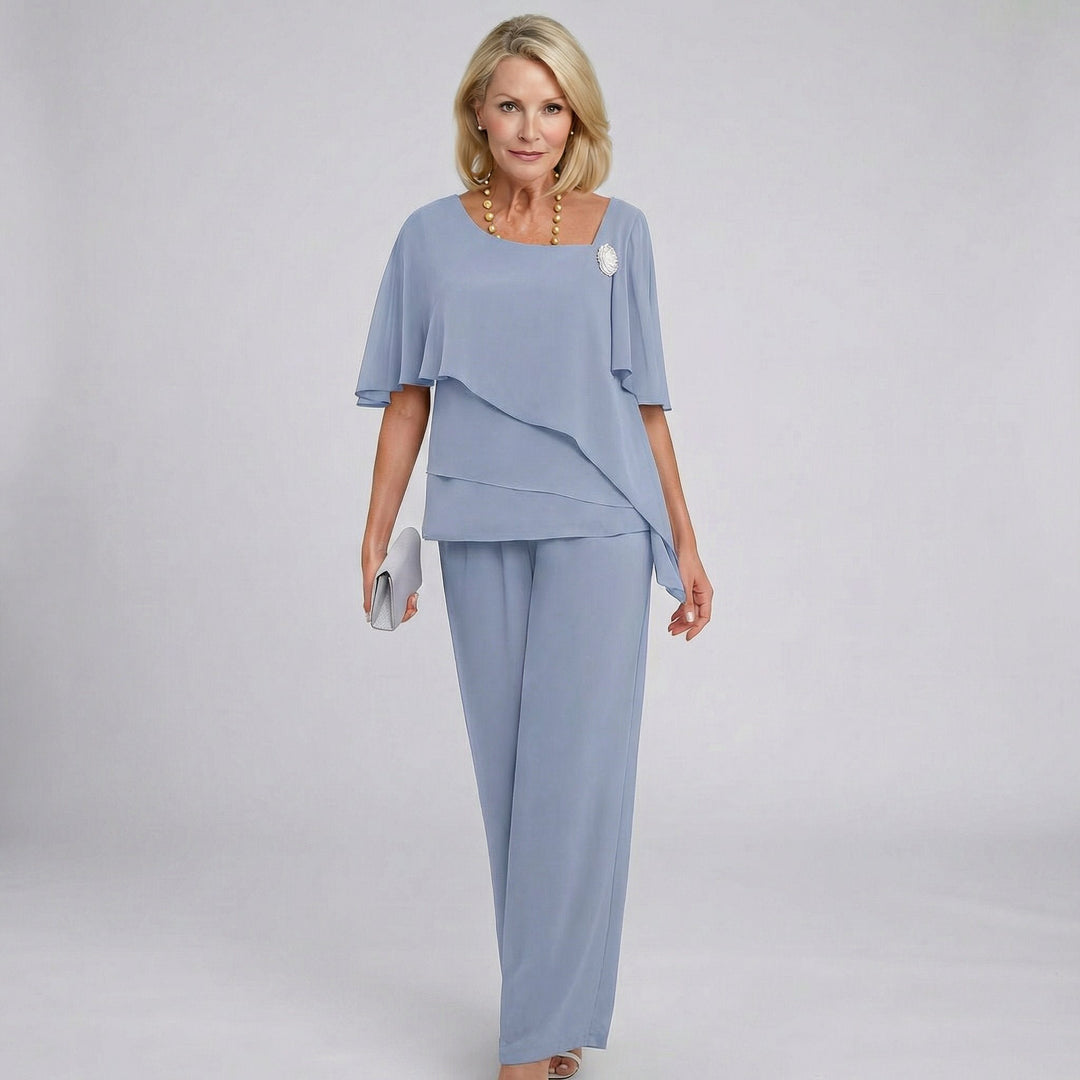 Women's Chiffon Cape Sleeve Square Neck Wide Leg Pants Two-Piece Set - Grey-Blue