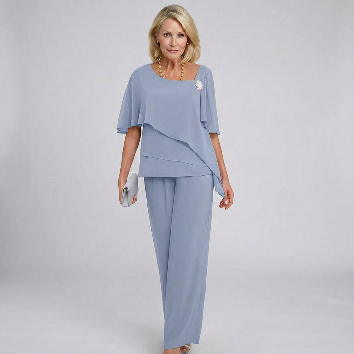 Women's Chiffon Cape Sleeve Square Neck Wide Leg Pants Two-Piece Set - Grey-Blue