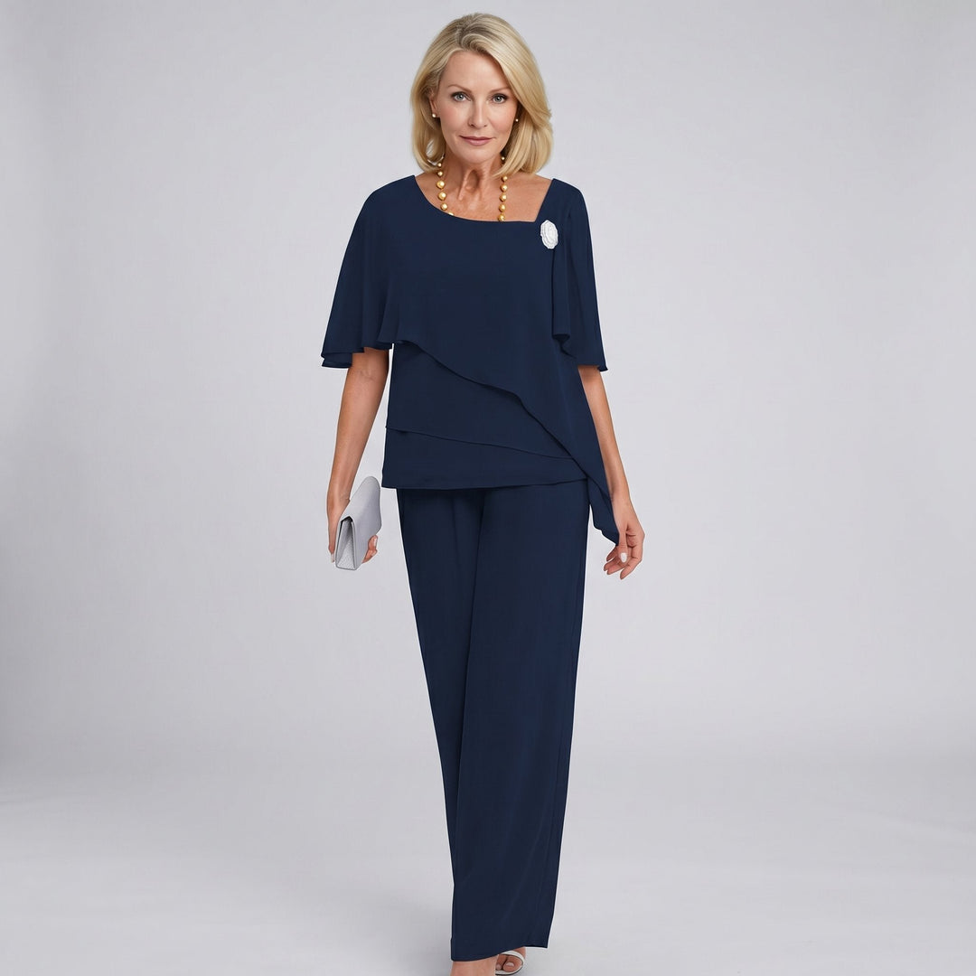 Women's Chiffon Cape Sleeve Square Neck Wide Leg Pants Two-Piece Set - Navy Blue