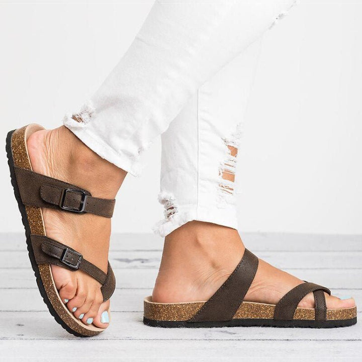 Women's Cork Footbed Toe-Loop Buckle Flat Sandals
