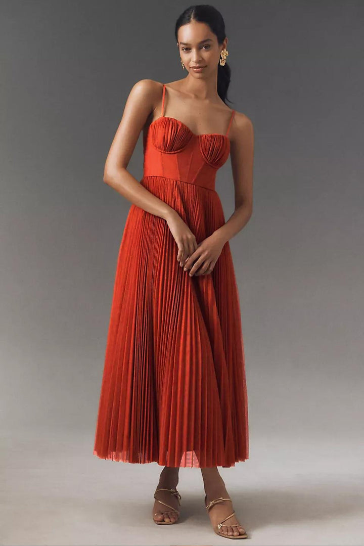 Women's Corset-Bodice Pleated Tulle Midi Slip Dress - Orange