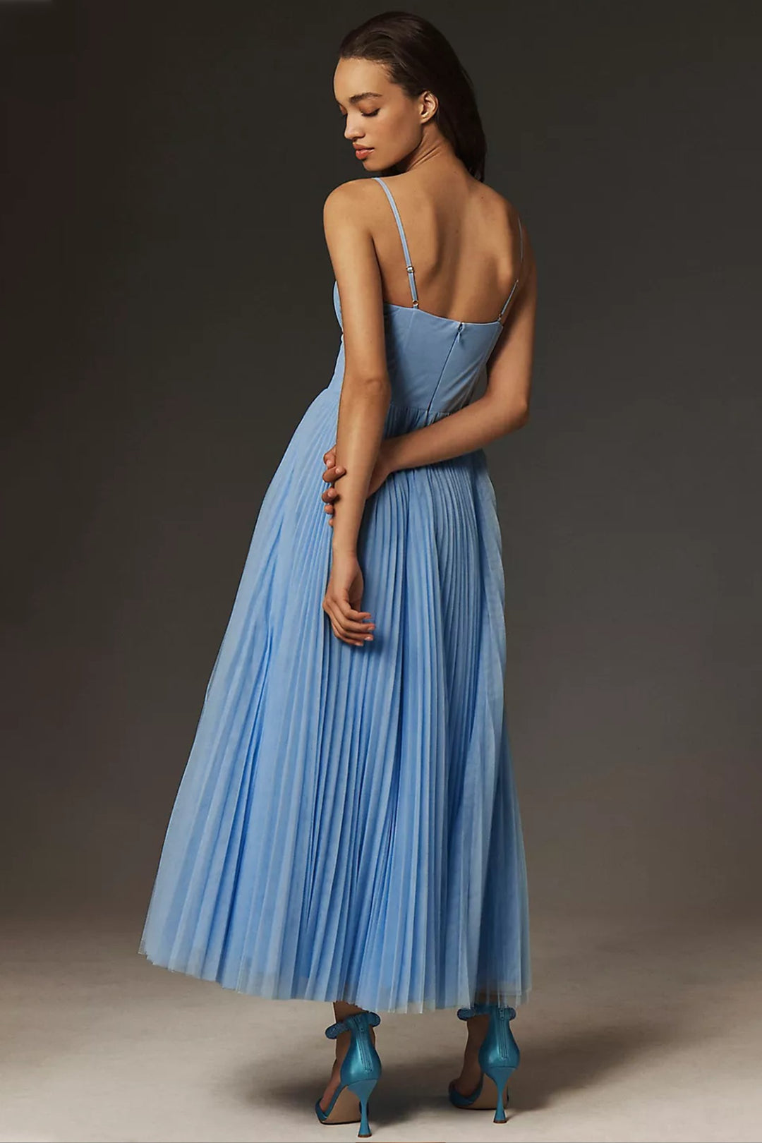 Women's Corset-Bodice Pleated Tulle Midi Slip Dress