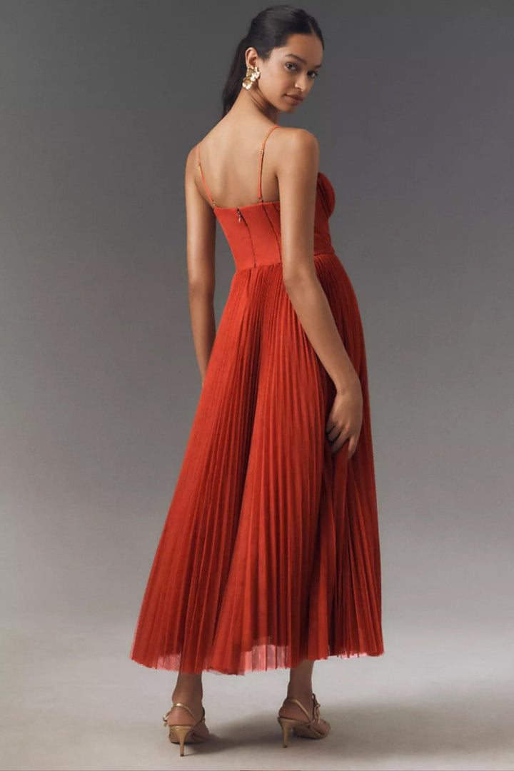 Women's Corset-Bodice Pleated Tulle Midi Slip Dress