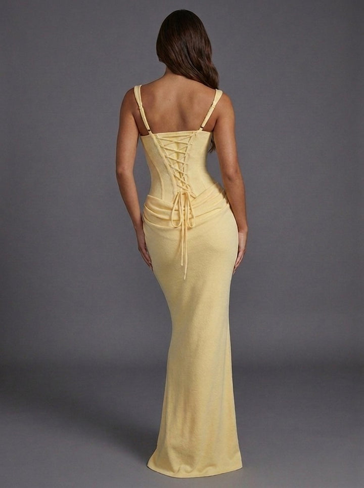 Women's Corset Square-Neck Draped Satin Column Maxi Dress