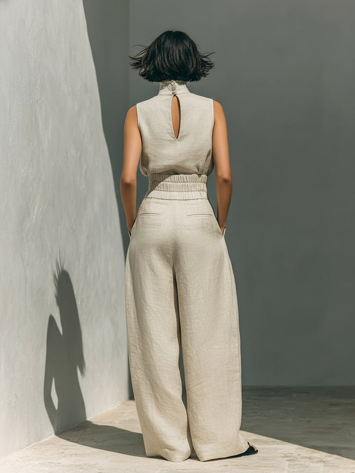 Women's Cotton-Linen High-Neck Sleeveless Blouse Wide-Leg Pants Set