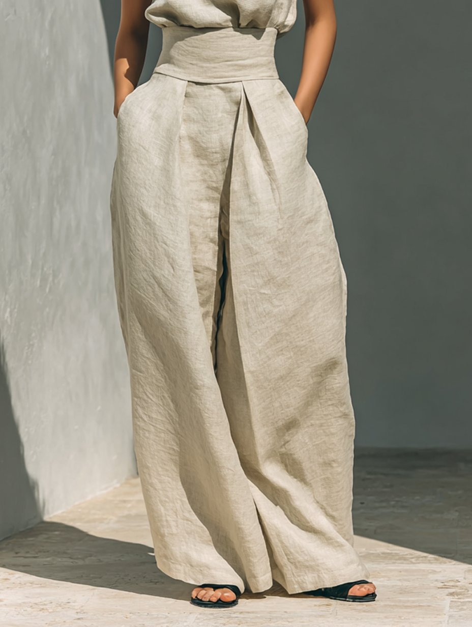 Women's Cotton-Linen High-Neck Sleeveless Blouse Wide-Leg Pants Set