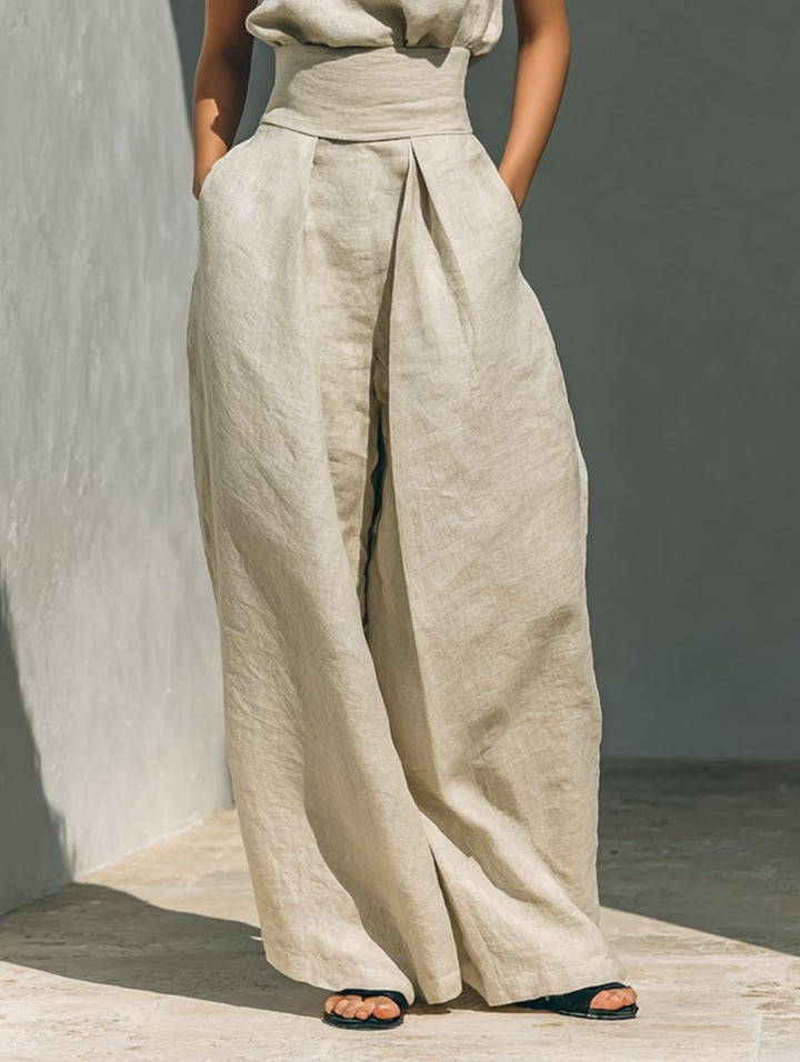 Women's Cotton-Linen High-Neck Sleeveless Blouse Wide-Leg Pants Set