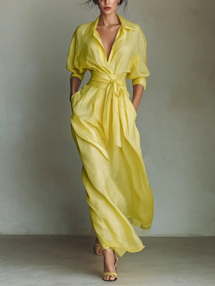 Women's Cotton-Linen Maxi Shirt Dress Deep V-Neck Tie Waist - Yellow