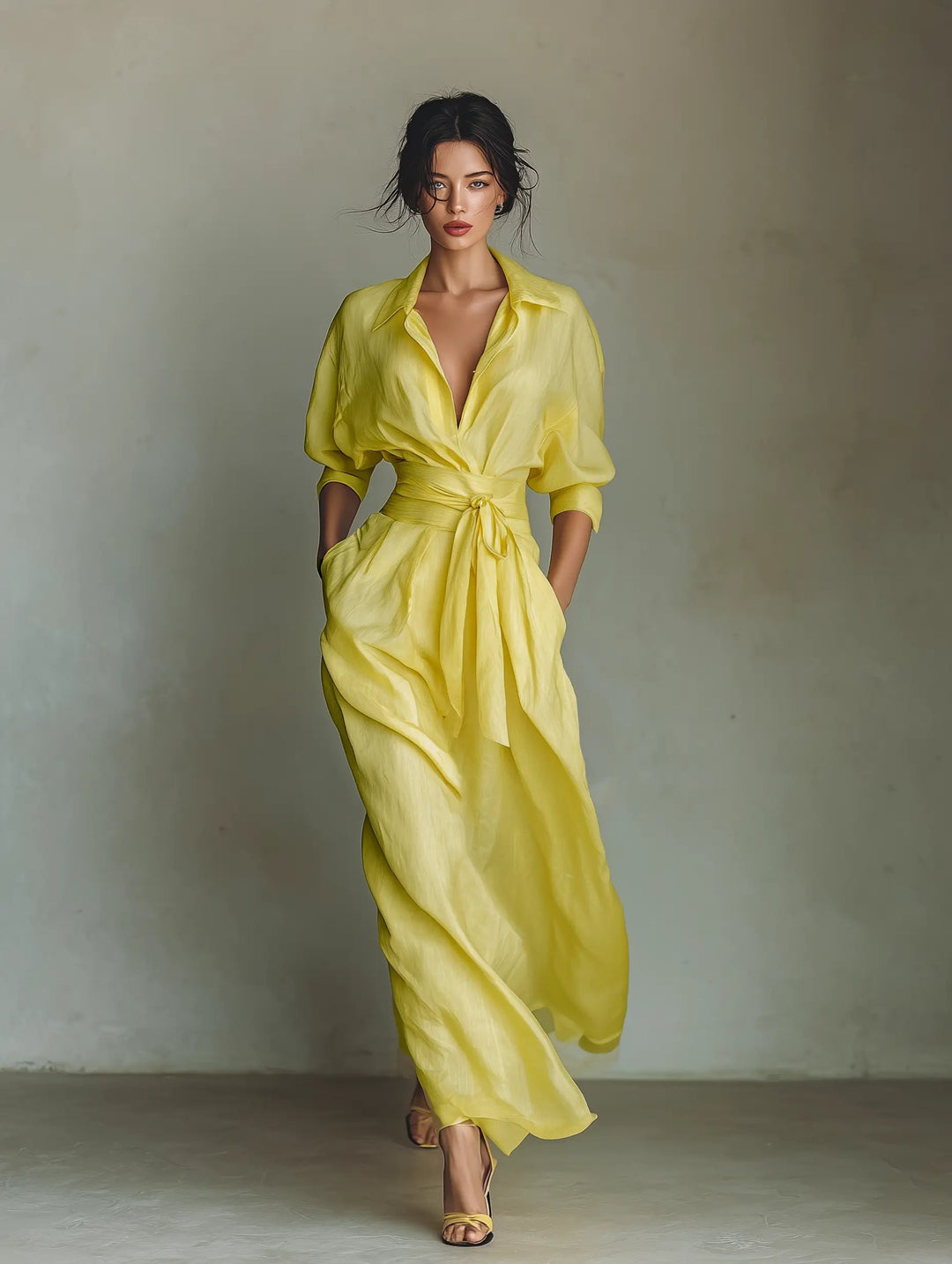Women's Cotton-Linen Maxi Shirt Dress Deep V-Neck Tie Waist