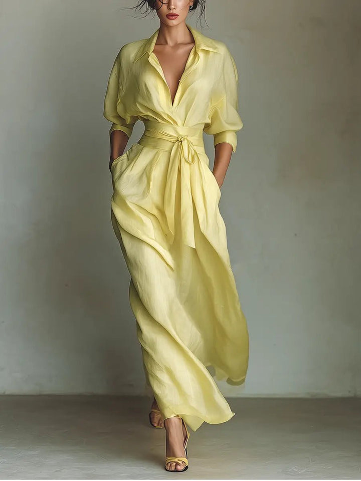 Women's Cotton-Linen Maxi Shirt Dress Deep V-Neck Tie Waist