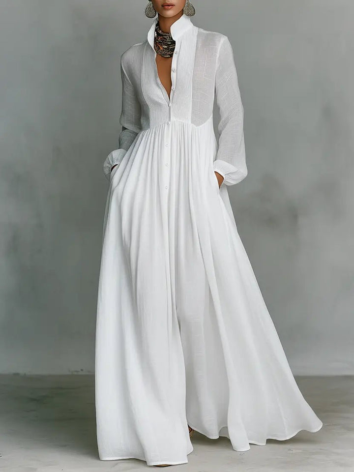 Women's Cotton-Linen Stand-Collar Button-Front Maxi Shirt Dress - White