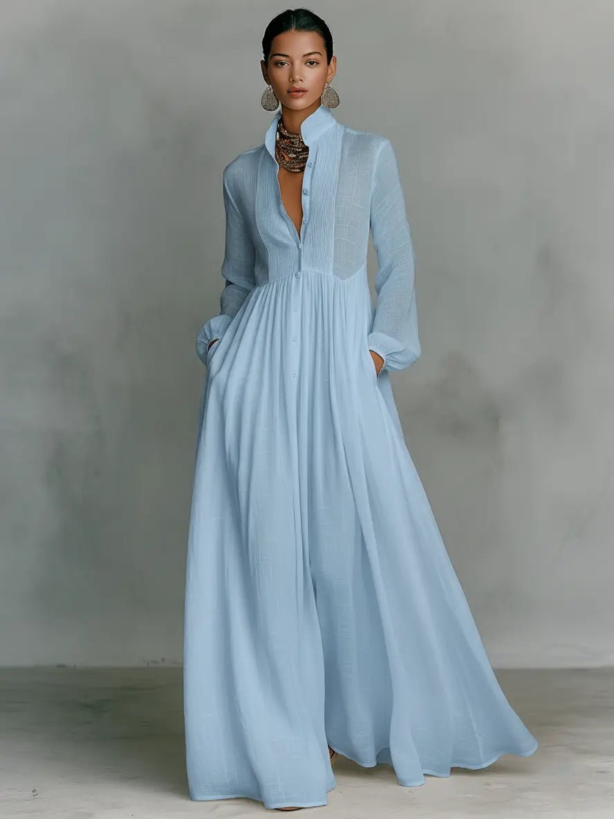 Women's Cotton-Linen Stand-Collar Button-Front Maxi Shirt Dress - Blue