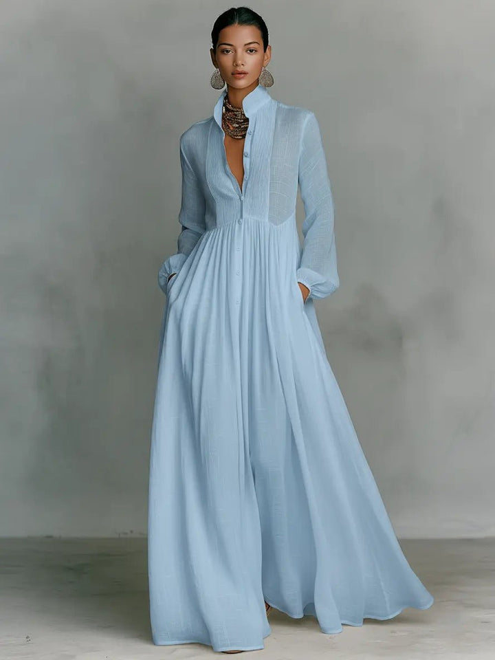 Women's Cotton-Linen Stand-Collar Button-Front Maxi Shirt Dress - Blue