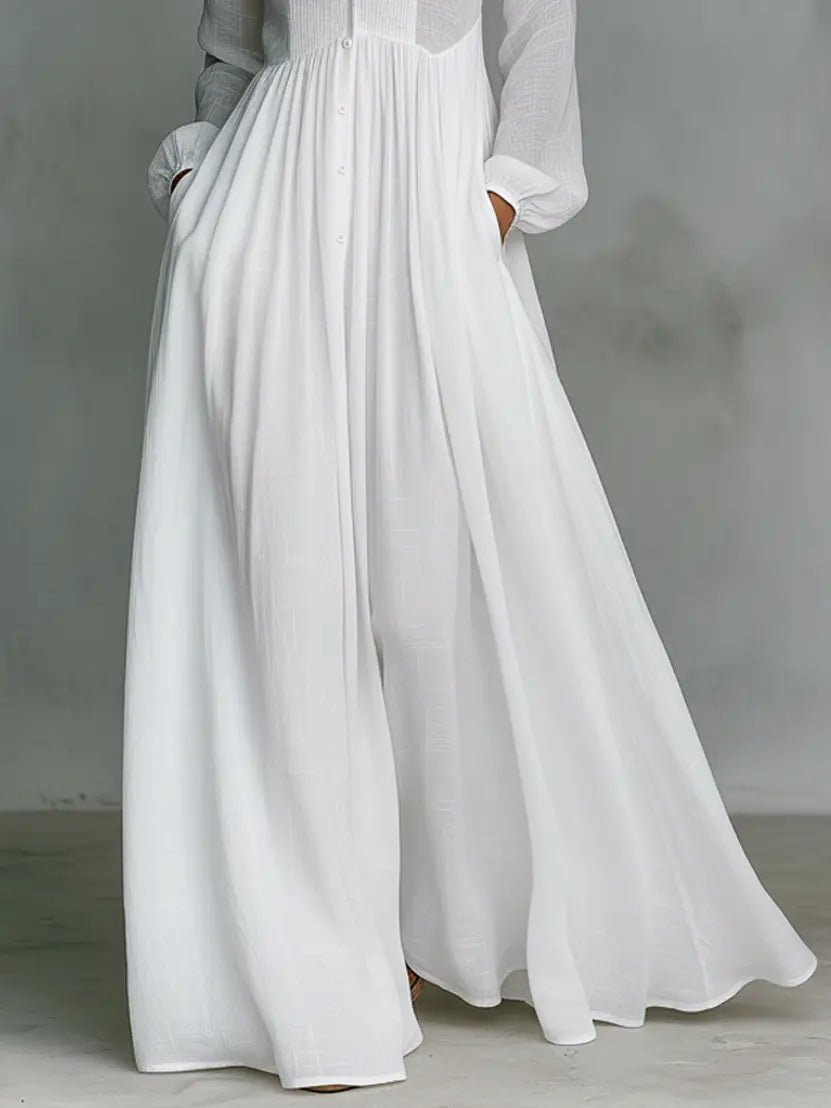 Women's Cotton-Linen Stand-Collar Button-Front Maxi Shirt Dress
