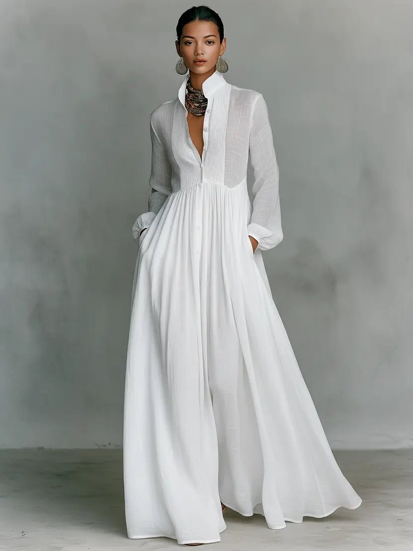 Women's Cotton-Linen Stand-Collar Button-Front Maxi Shirt Dress