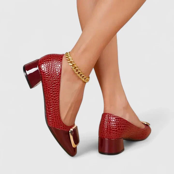 Women's Croc-Embossed Block Heel Loafer Pumps Gold Hardware - Bordeaux