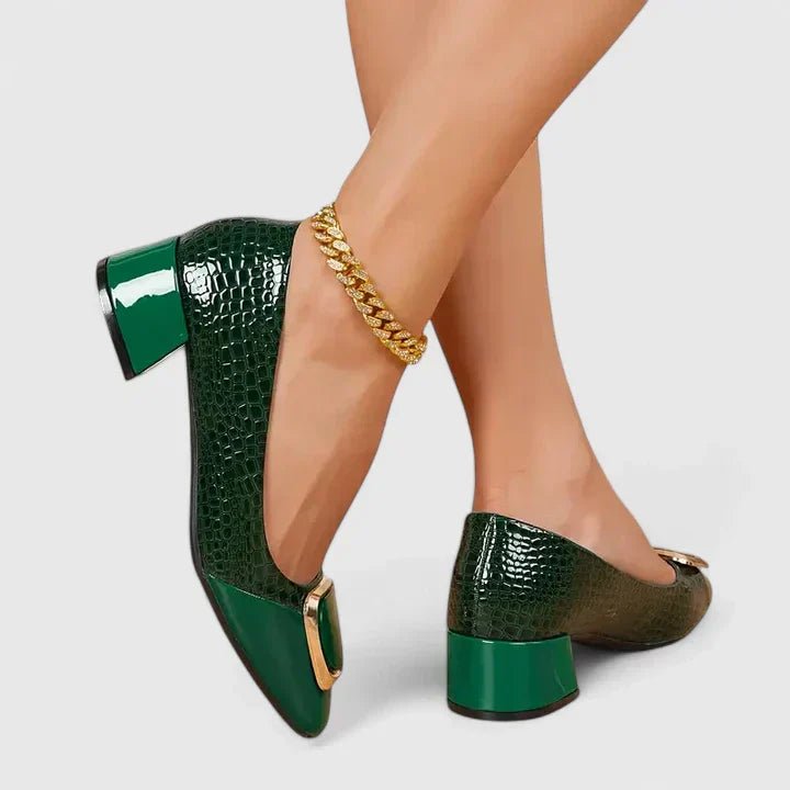 Women's Croc-Embossed Block Heel Loafer Pumps Gold Hardware - Green