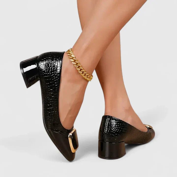 Women's Croc-Embossed Block Heel Loafer Pumps Gold Hardware - Black