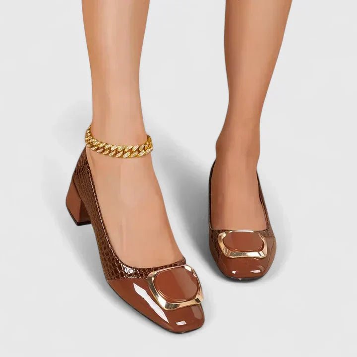 Women's Croc-Embossed Block Heel Loafer Pumps Gold Hardware