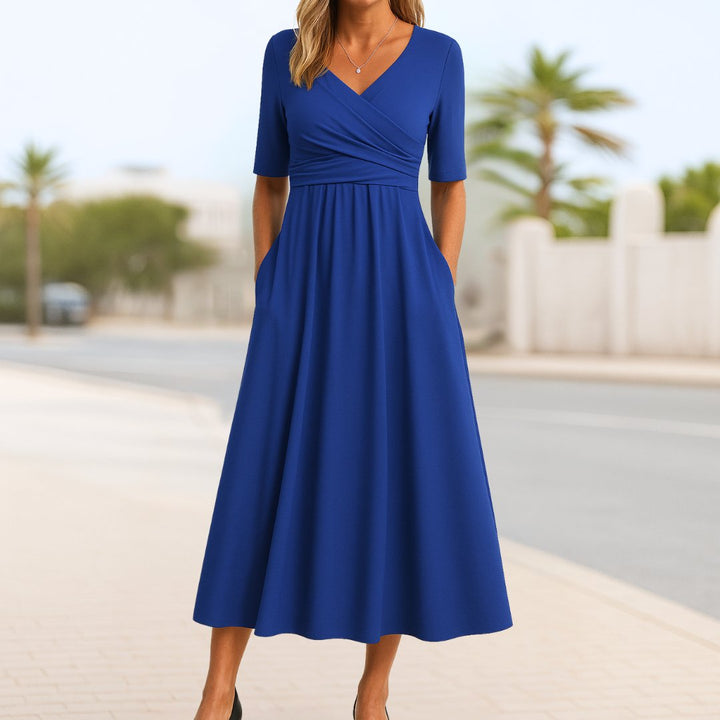 Women's Crossover V-Neck A-Line Midi Dress Side Pockets - Navy Blue